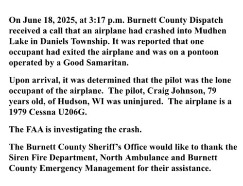 Sheriff’s Press Release Regarding Wednesday’s Plane Crash in Town of Daniels